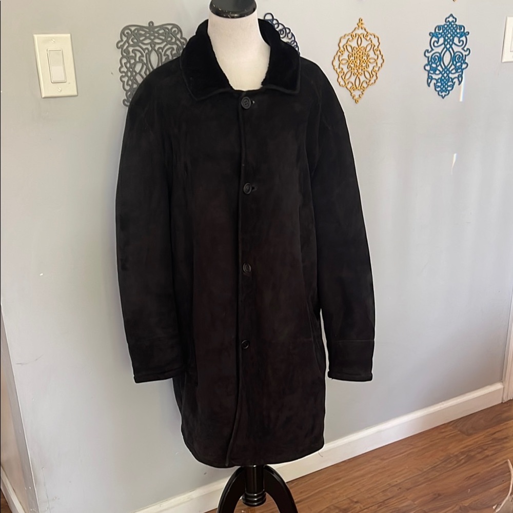 Gallotti Black Suede Shearling  Coat size 52 made in Italy